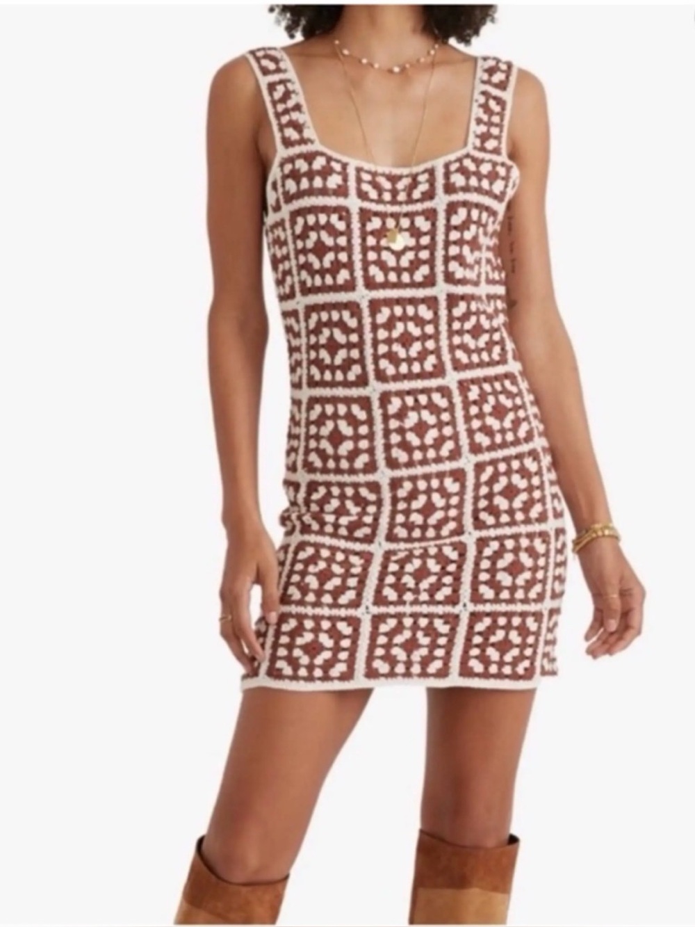 Marine layer l Crochet Square-Pattern dress/cover up, in Brown and Cream